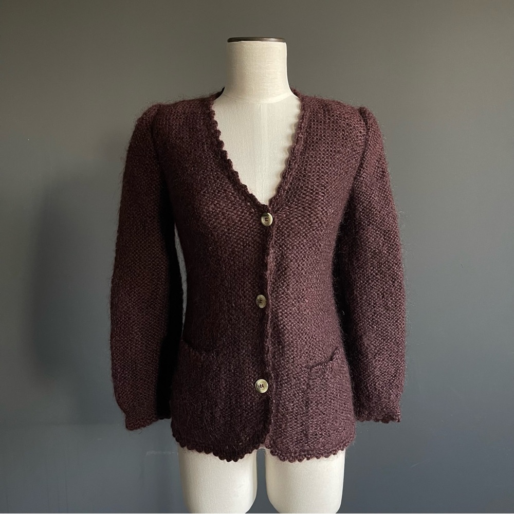 Vintage Cesare Paciotti Mohair Wool Knit Cardigan Made in Italy Plum Brown Twee